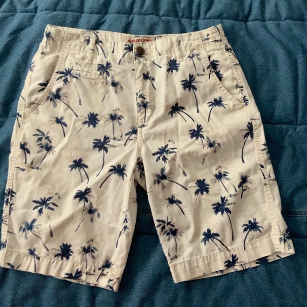 Men Summer Shorts Size S 30 Waist Palm Tree Print Ivory Blue 30W Tropical